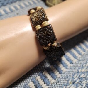 Vintage Carved Bone Brown Stained Elastic Bracelet Tribal Animal Floral Designs
